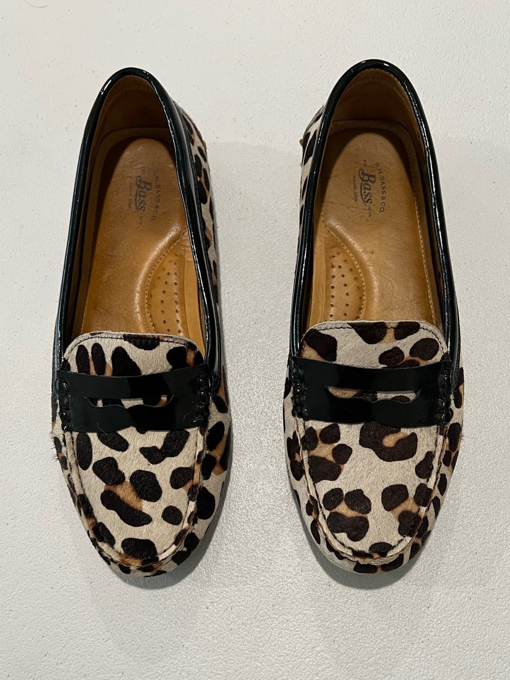 Bass Leopard Print Penny Loafers with Black Trim 8.5